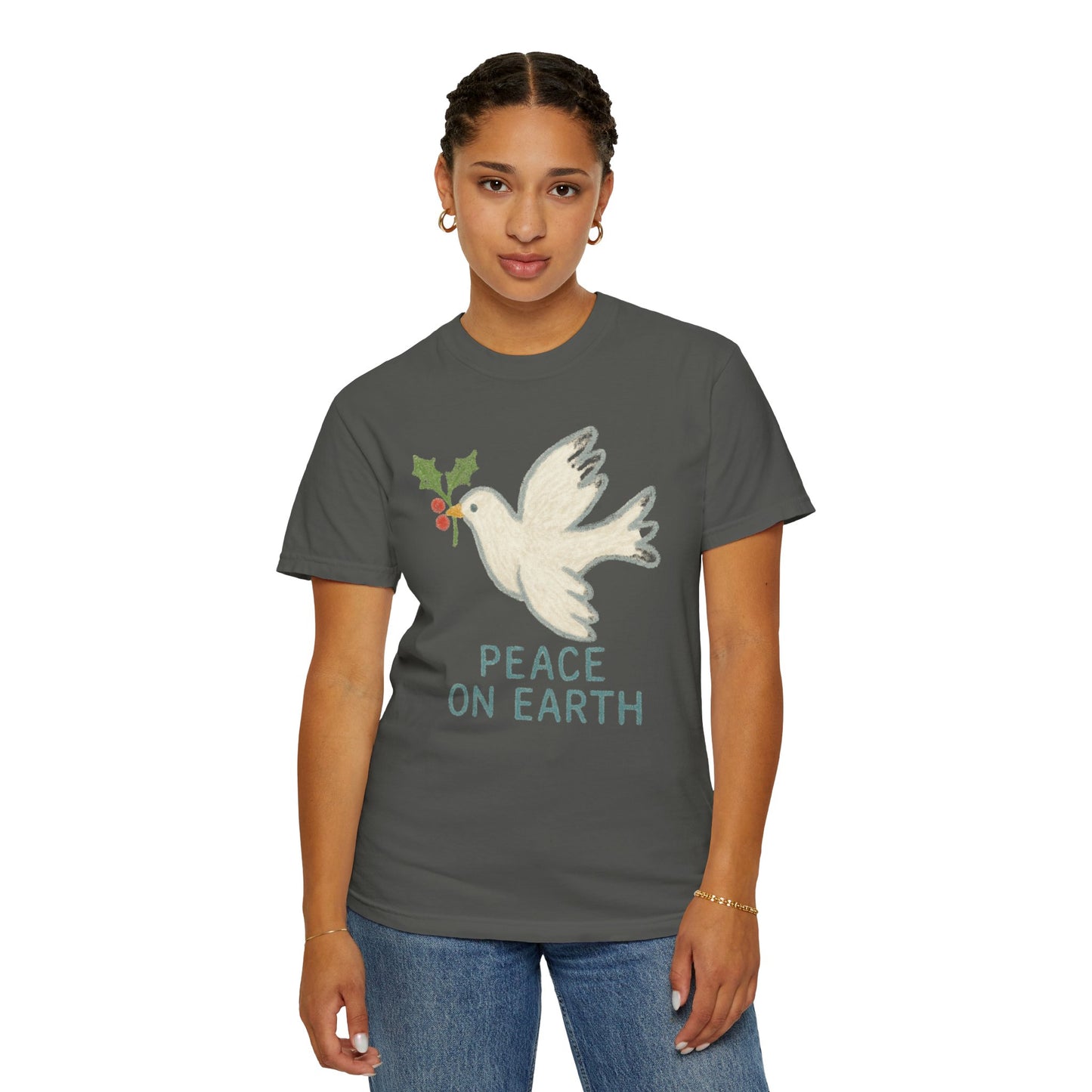 Peace on Earth Dove T-shirt | Holiday Dove with Holly Branch Comfort Colors T-Shirt