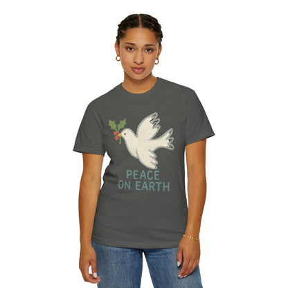 Peace on Earth Dove T-shirt | Holiday Dove with Holly Branch Comfort Colors T-Shirt