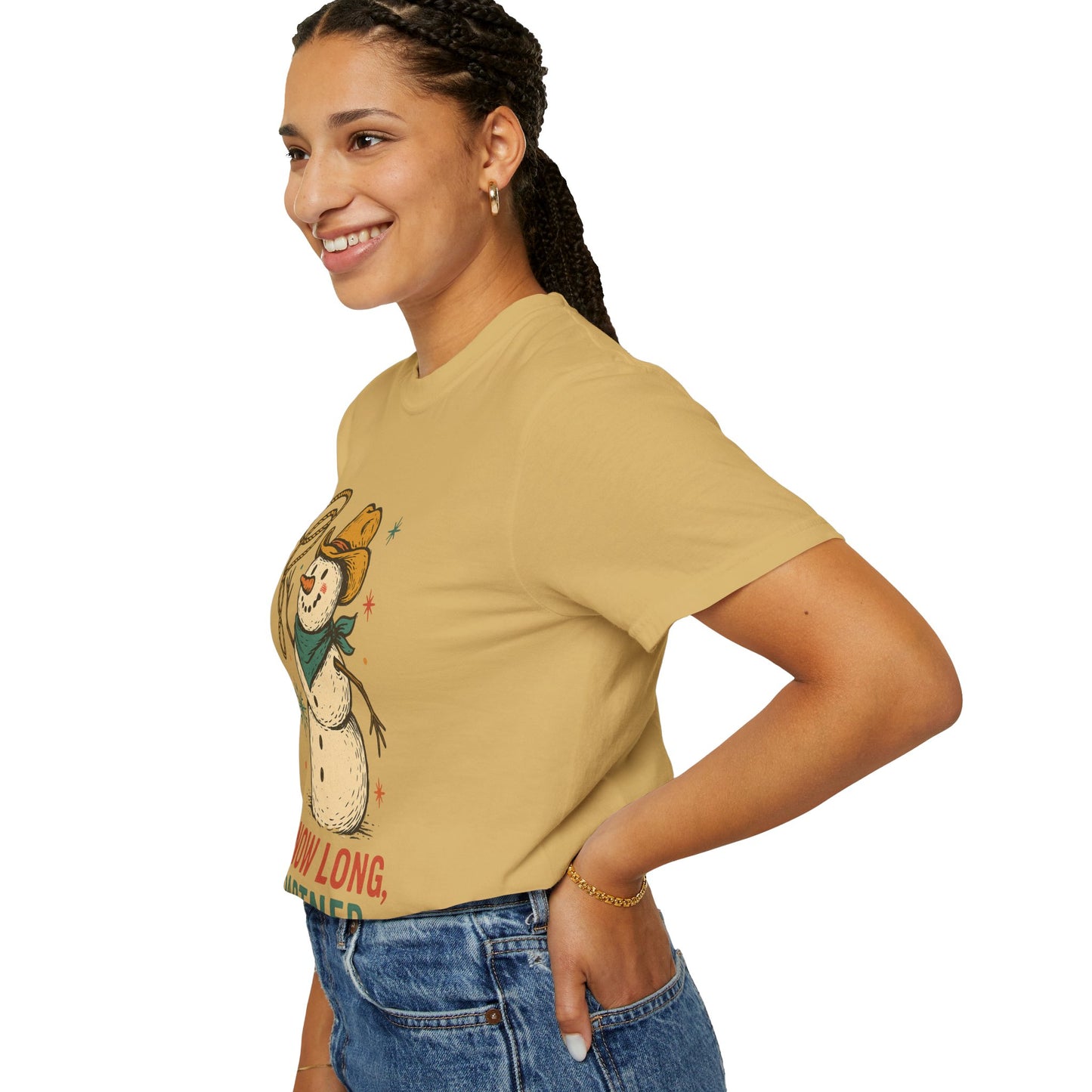 Snow Long Comfort Colors Western Snowman T-shirt - Winter Holiday Tee, Unisex Shirt, Christmas Gift, Festive Graphic Top, Seasonal Apparel