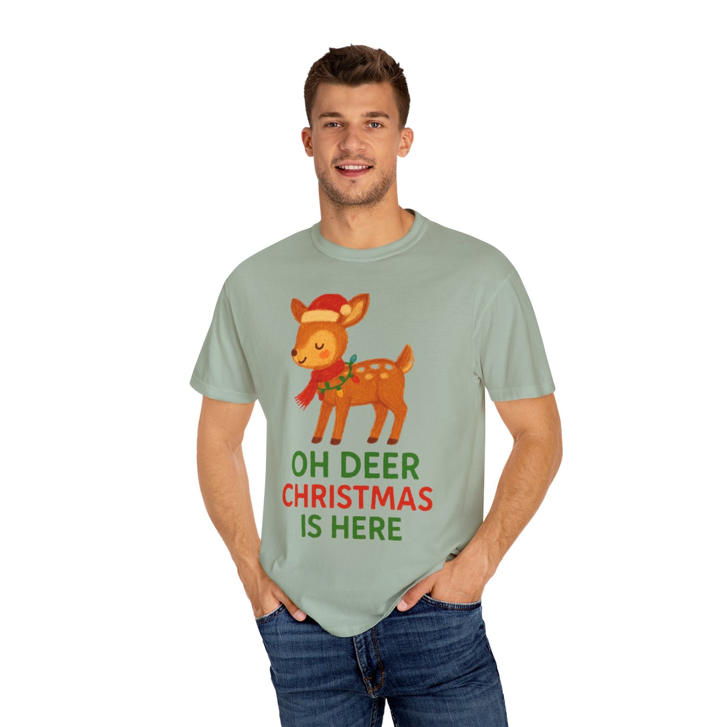 Oh Deer, Christmas is Here Comfort Colors T-shirt - Holiday Season Apparel, Festive Reindeer Tee, Winter Celebration Shirt, Christmas Gift