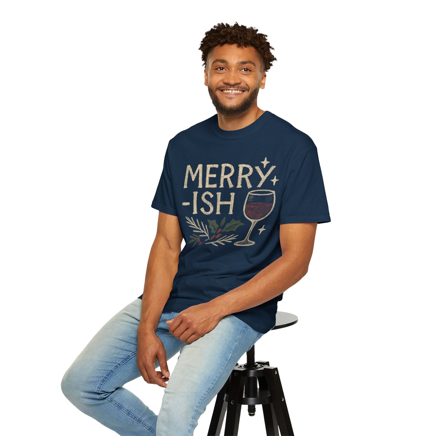 Merry-ish Wine Glass T-shirt | Holiday Holly Illustration Comfort Colors