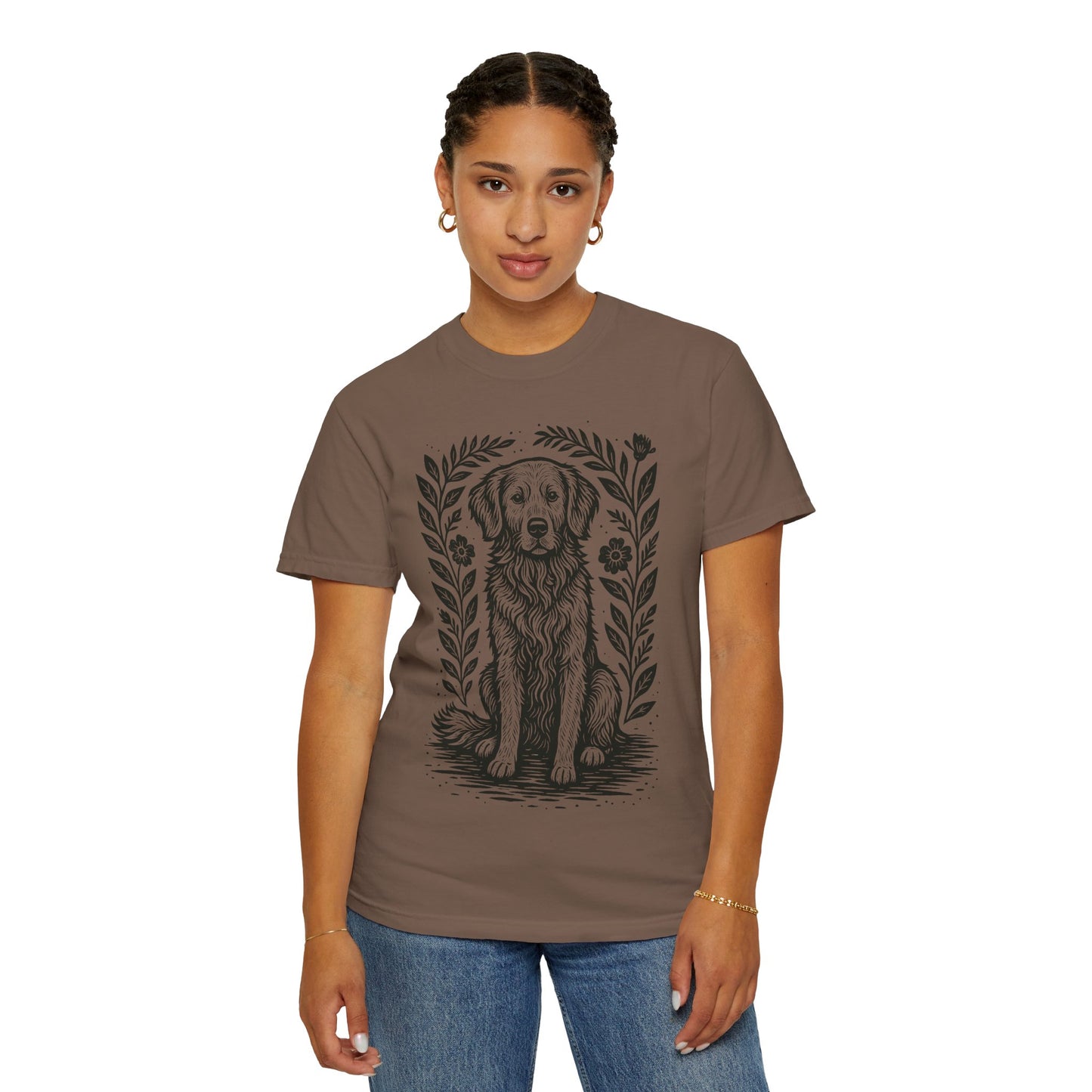 Golden Retriever Illustration T-shirt | Floral Laurel Dog Portrait Comfort Colors Dog Lovers T-shirt
