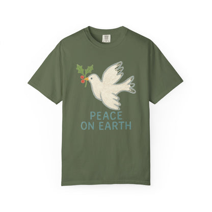 Peace on Earth Dove T-shirt | Holiday Dove with Holly Branch Comfort Colors T-Shirt