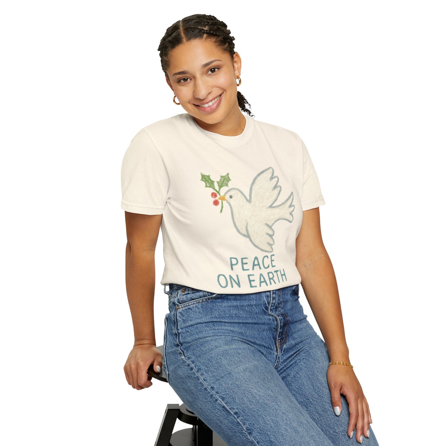Peace on Earth Dove T-shirt | Holiday Dove with Holly Branch Comfort Colors T-Shirt