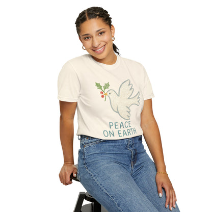 Peace on Earth Dove T-shirt | Holiday Dove with Holly Branch Comfort Colors T-Shirt