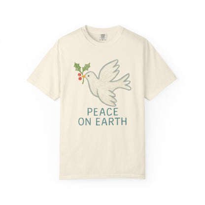Peace on Earth Dove T-shirt | Holiday Dove with Holly Branch Comfort Colors T-Shirt