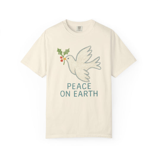 Peace on Earth Dove T-shirt | Holiday Dove with Holly Branch Comfort Colors T-Shirt