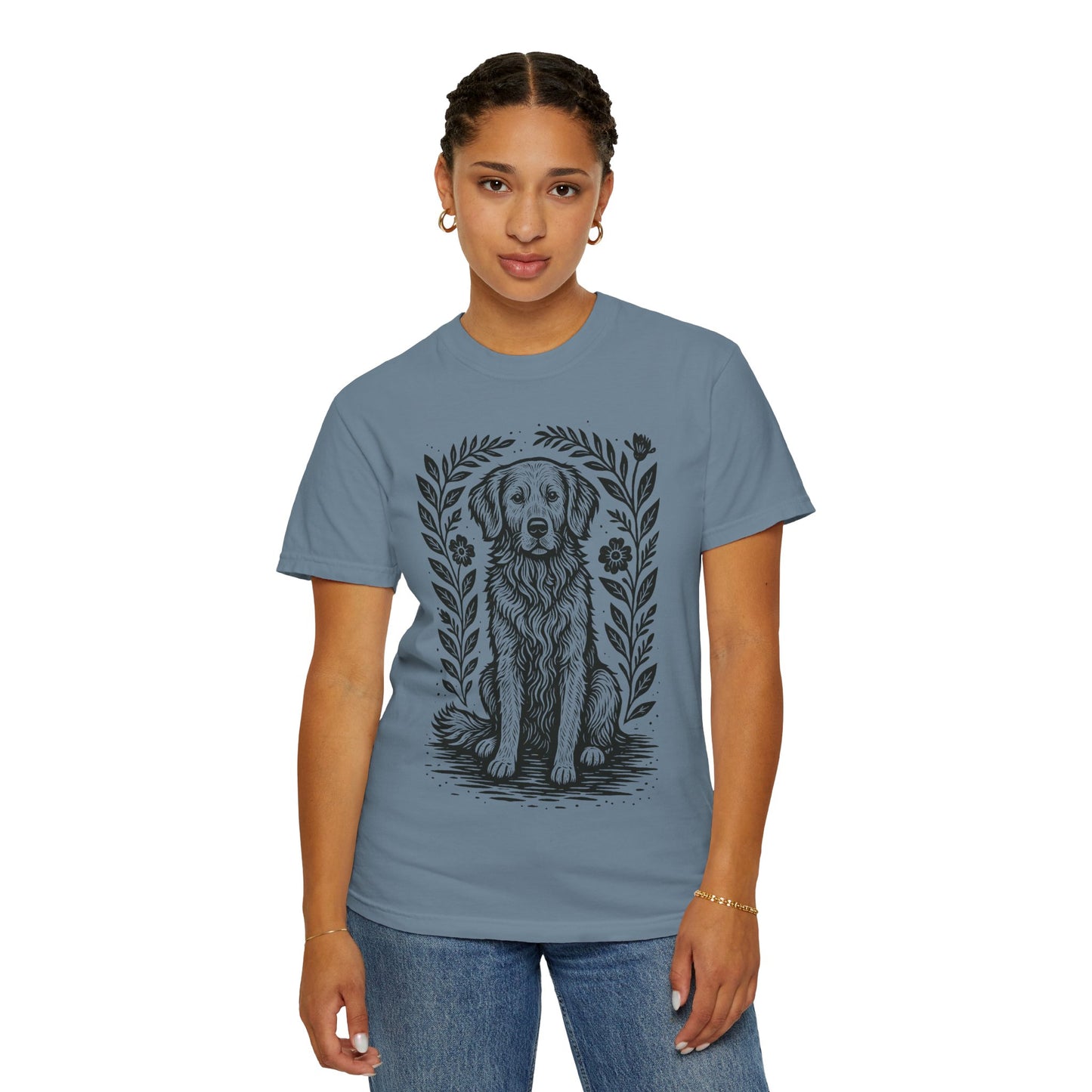 Golden Retriever Illustration T-shirt | Floral Laurel Dog Portrait Comfort Colors Dog Lovers T-shirt