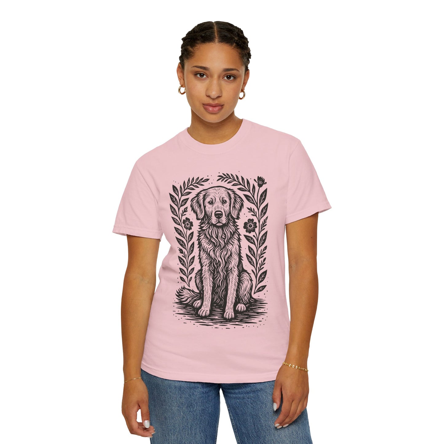 Golden Retriever Illustration T-shirt | Floral Laurel Dog Portrait Comfort Colors Dog Lovers T-shirt