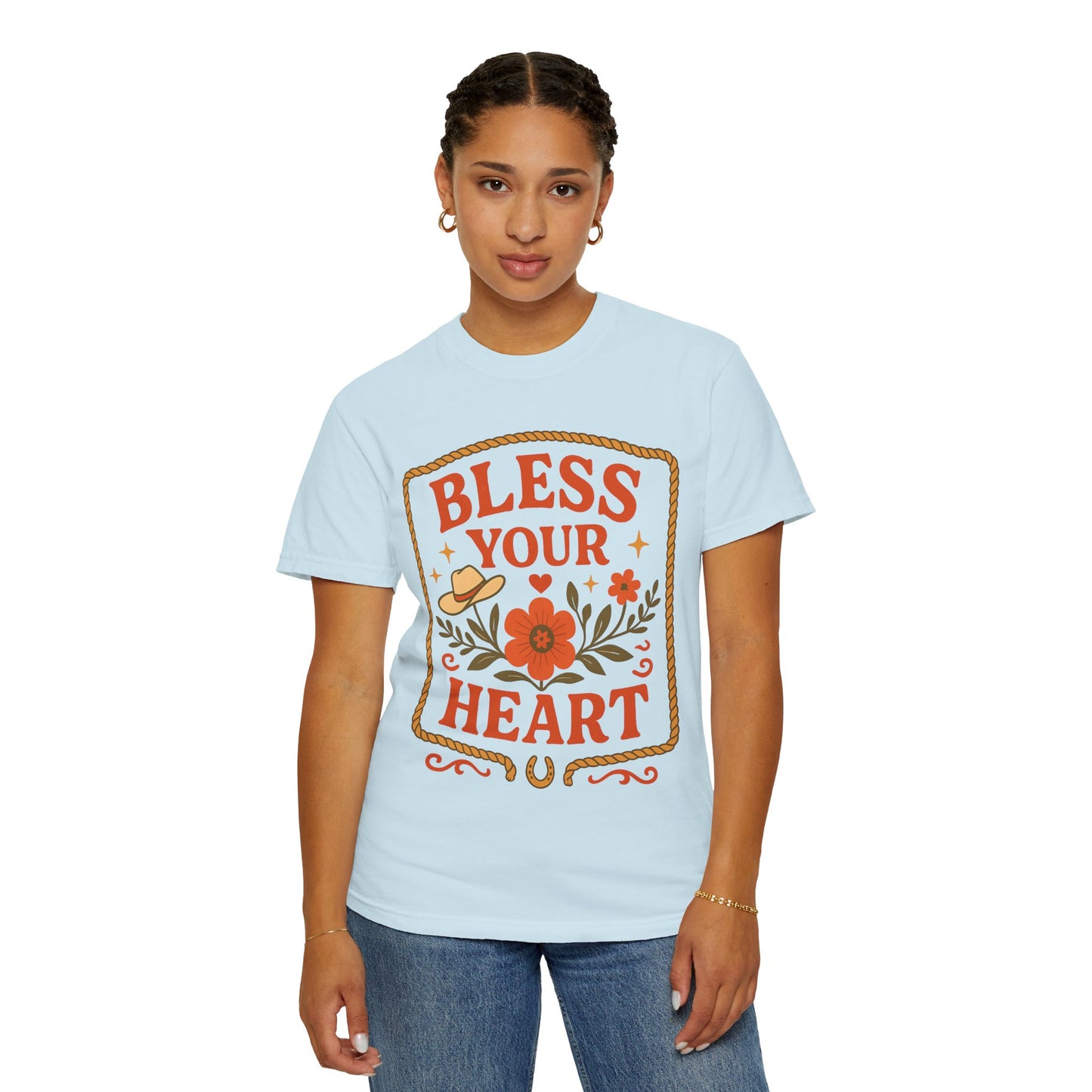 Bless Your Heart T-shirt | Floral Western Hat Horseshoe Design, Comfort Colors