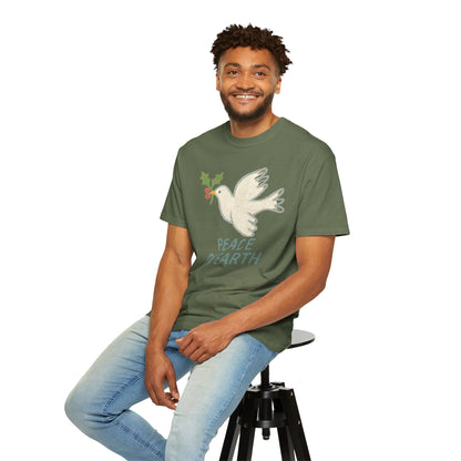 Peace on Earth Dove T-shirt | Holiday Dove with Holly Branch Comfort Colors T-Shirt