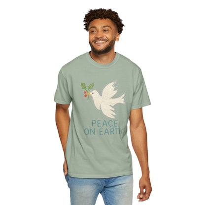 Peace on Earth Dove T-shirt | Holiday Dove with Holly Branch Comfort Colors T-Shirt