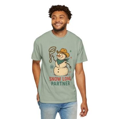 Snow Long Comfort Colors Western Snowman T-shirt - Winter Holiday Tee, Unisex Shirt, Christmas Gift, Festive Graphic Top, Seasonal Apparel
