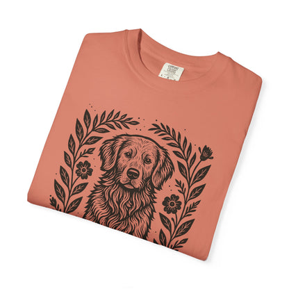 Golden Retriever Illustration T-shirt | Floral Laurel Dog Portrait Comfort Colors Dog Lovers T-shirt