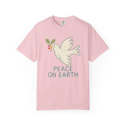 Peace on Earth Dove T-shirt | Holiday Dove with Holly Branch Comfort Colors T-Shirt