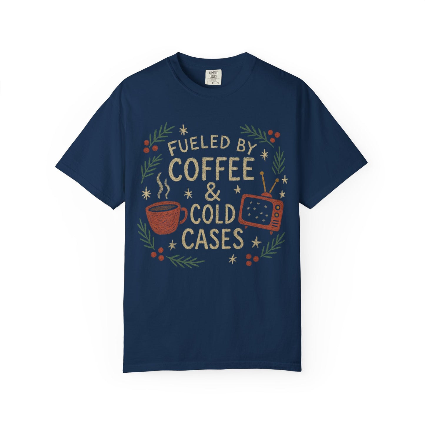 True Crime Junkie and Coffee Lover Comfort Colors Christmas T-shirt, Unisex Tee for Holidays, Murder Mystery Mug Fan Gift, Graphic Tee Shirt