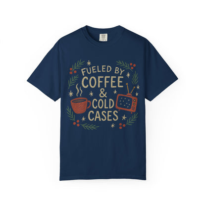 True Crime Junkie and Coffee Lover Comfort Colors Christmas T-shirt, Unisex Tee for Holidays, Murder Mystery Mug Fan Gift, Graphic Tee Shirt