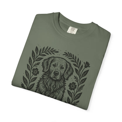 Golden Retriever Illustration T-shirt | Floral Laurel Dog Portrait Comfort Colors Dog Lovers T-shirt
