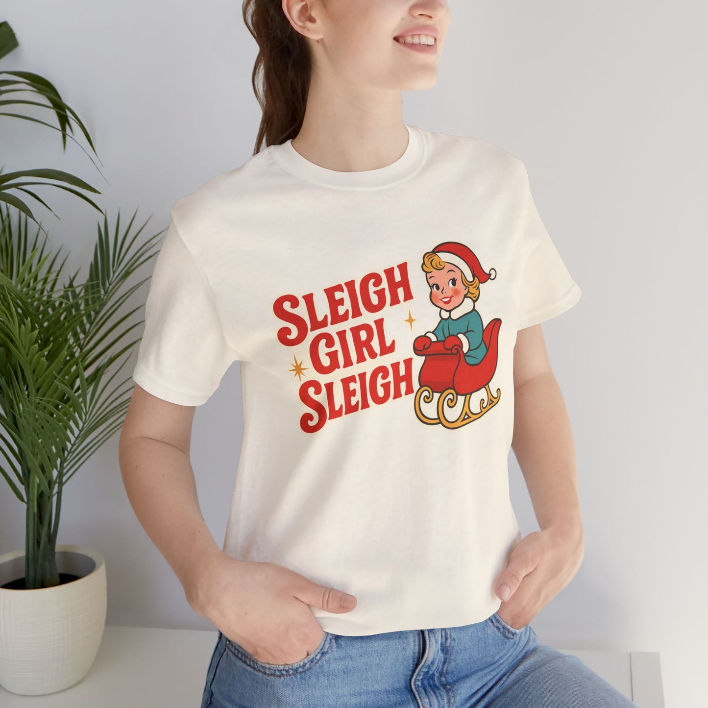 Sleigh Girl Sleigh T-Shirt | Vintage Elf on Sleigh Christmas Shirt