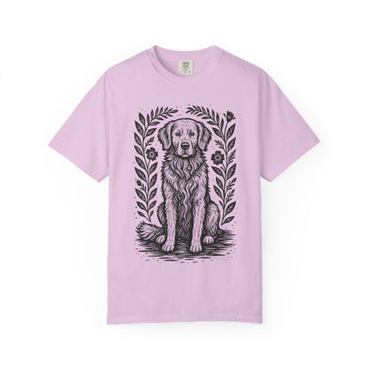 Golden Retriever Illustration T-shirt | Floral Laurel Dog Portrait Comfort Colors Dog Lovers T-shirt