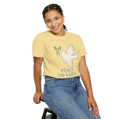 Peace on Earth Dove T-shirt | Holiday Dove with Holly Branch Comfort Colors T-Shirt