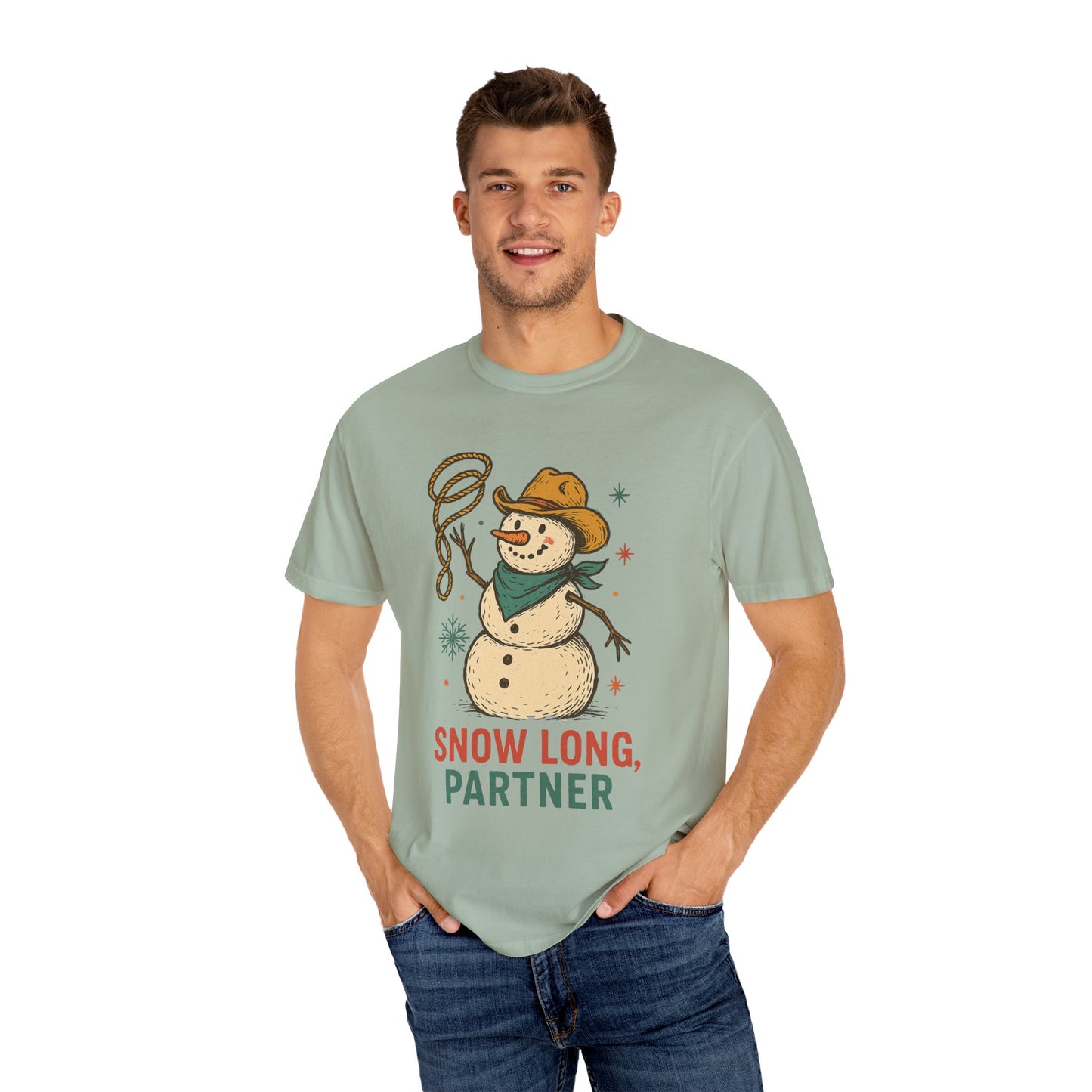 Snow Long Comfort Colors Western Snowman T-shirt - Winter Holiday Tee, Unisex Shirt, Christmas Gift, Festive Graphic Top, Seasonal Apparel