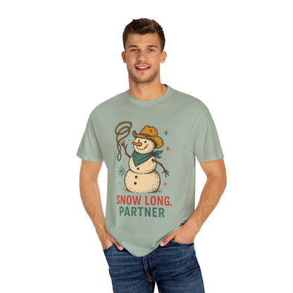 Snow Long Comfort Colors Western Snowman T-shirt - Winter Holiday Tee, Unisex Shirt, Christmas Gift, Festive Graphic Top, Seasonal Apparel