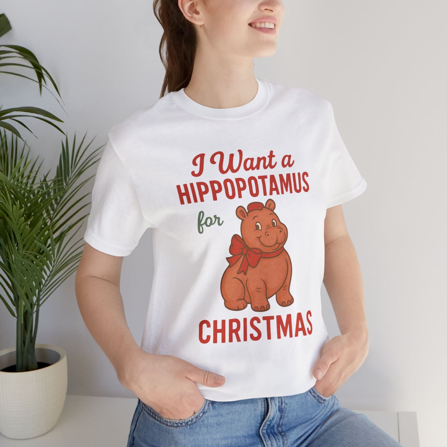 Christmas Hippopotamus Unisex Jersey T-Shirt, Funny Holiday Tee, Gift for Animal Lovers, Cute Christmas Shirt, Hippo Enthusiast Apparel