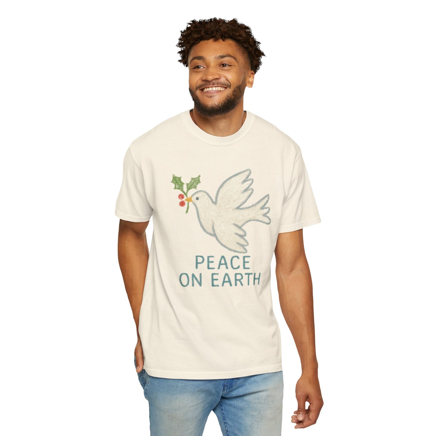 Peace on Earth Dove T-shirt | Holiday Dove with Holly Branch Comfort Colors T-Shirt