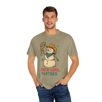 Snow Long Comfort Colors Western Snowman T-shirt - Winter Holiday Tee, Unisex Shirt, Christmas Gift, Festive Graphic Top, Seasonal Apparel