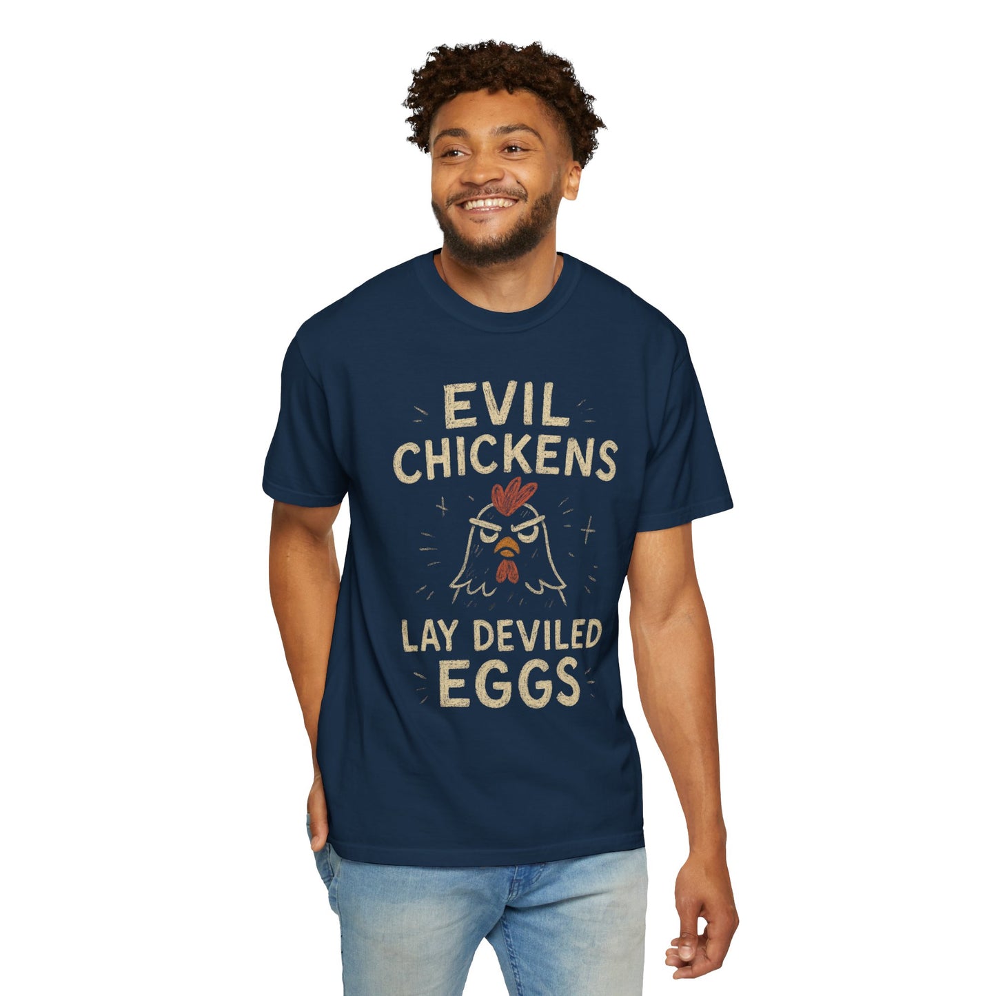 Evil Chickens Lay Deviled Eggs T-Shirt | Funny Chicken Pun Tee Comfort Colors