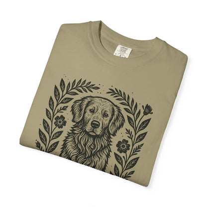 Golden Retriever Illustration T-shirt | Floral Laurel Dog Portrait Comfort Colors Dog Lovers T-shirt