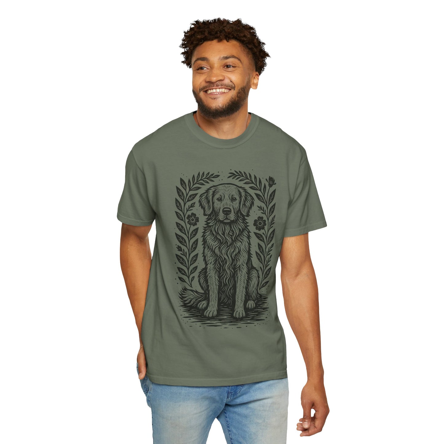 Golden Retriever Illustration T-shirt | Floral Laurel Dog Portrait Comfort Colors Dog Lovers T-shirt