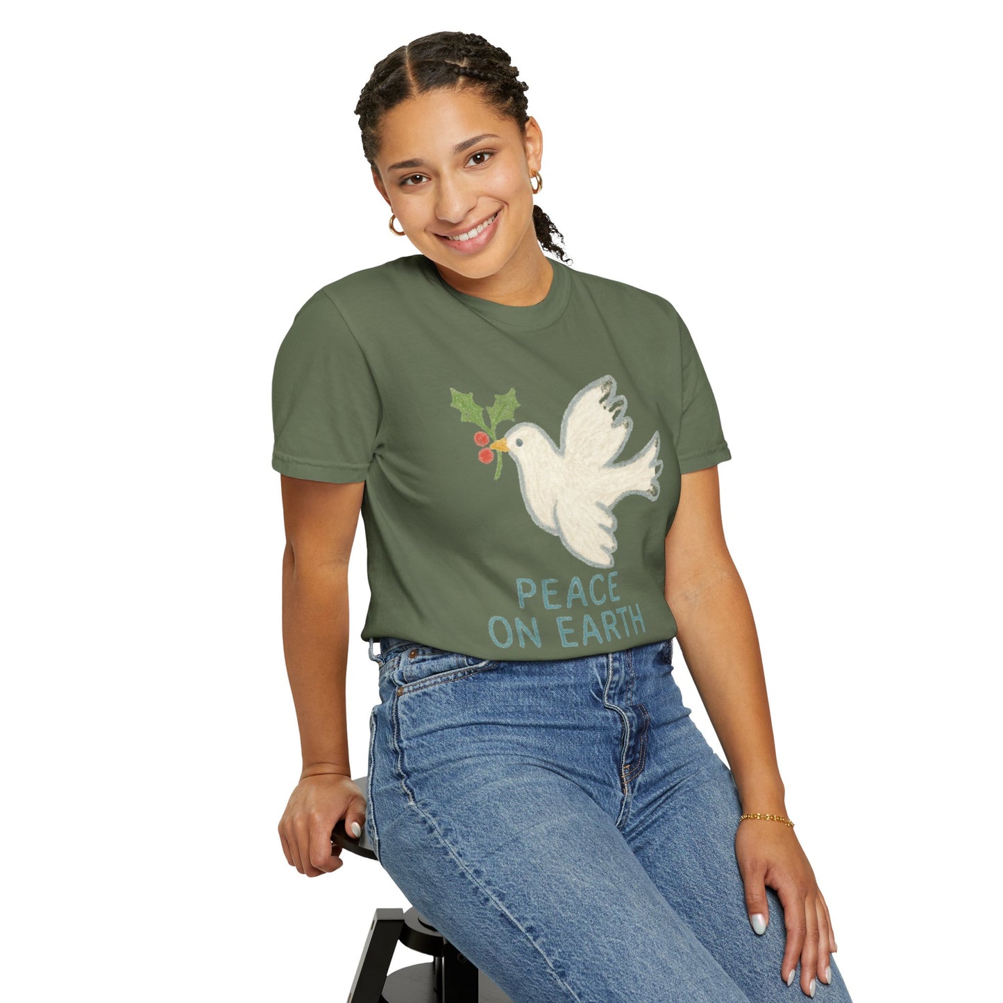 Peace on Earth Dove T-shirt | Holiday Dove with Holly Branch Comfort Colors T-Shirt