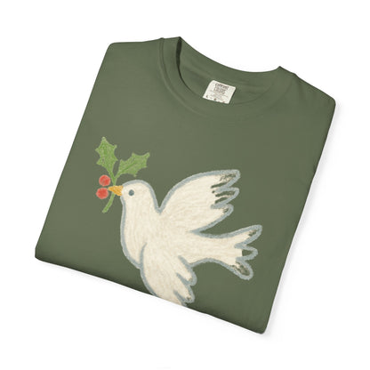 Peace on Earth Dove T-shirt | Holiday Dove with Holly Branch Comfort Colors T-Shirt