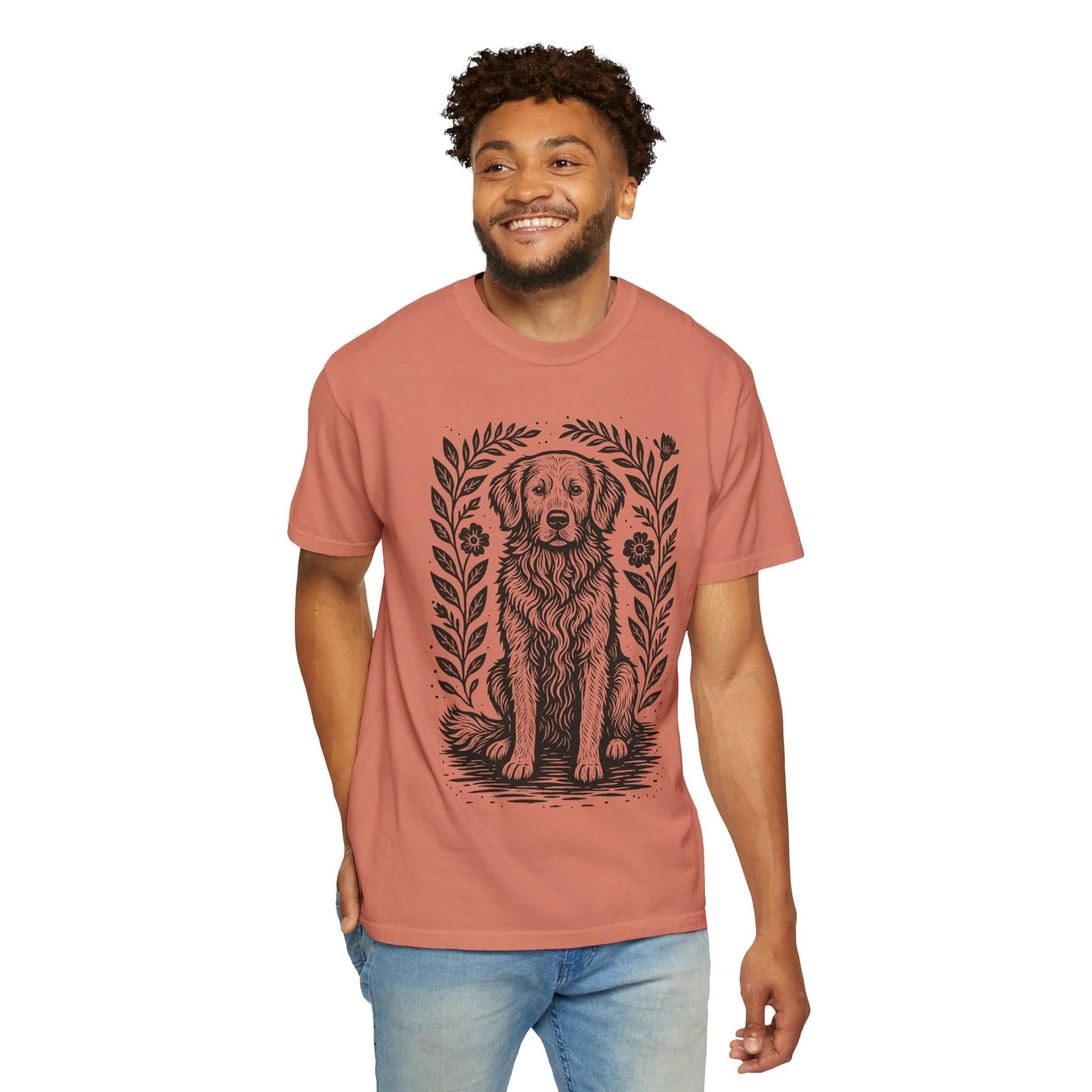 Golden Retriever Illustration T-shirt | Floral Laurel Dog Portrait Comfort Colors Dog Lovers T-shirt