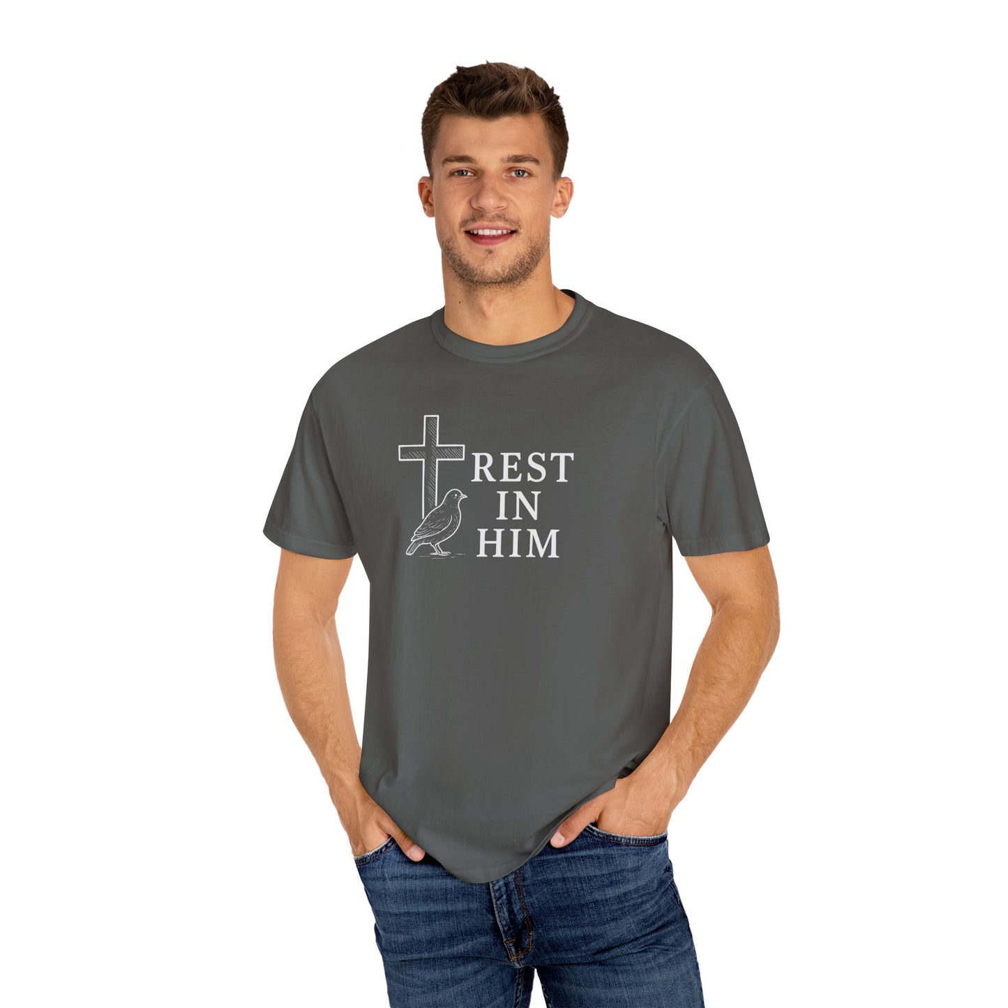 Unisex Garment-Dyed T-shirt, Rest in Him Comfort Colors tshirt, Faith and Inspiration