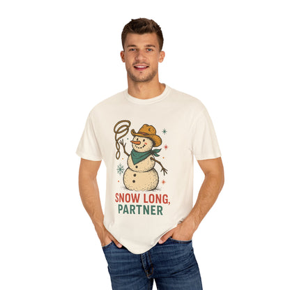 Snow Long Comfort Colors Western Snowman T-shirt - Winter Holiday Tee, Unisex Shirt, Christmas Gift, Festive Graphic Top, Seasonal Apparel