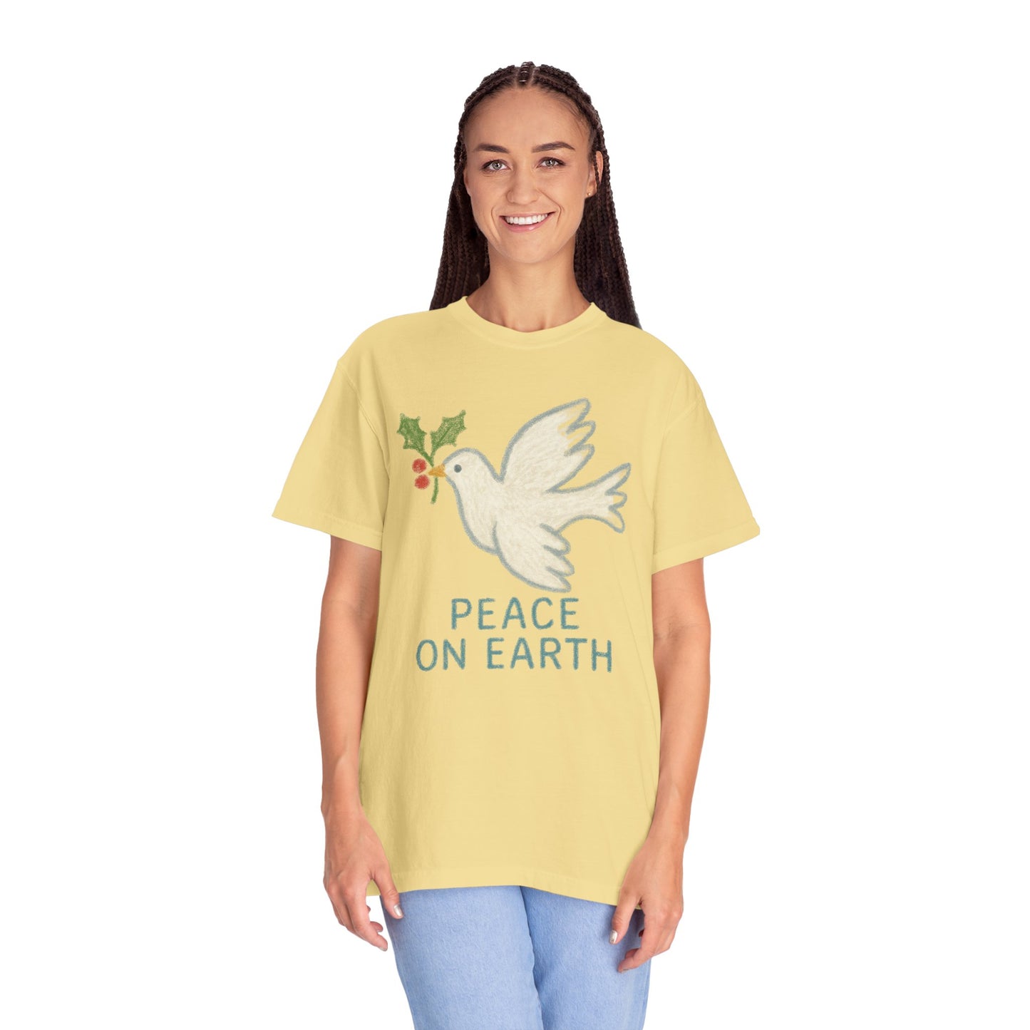 Peace on Earth Dove T-shirt | Holiday Dove with Holly Branch Comfort Colors T-Shirt