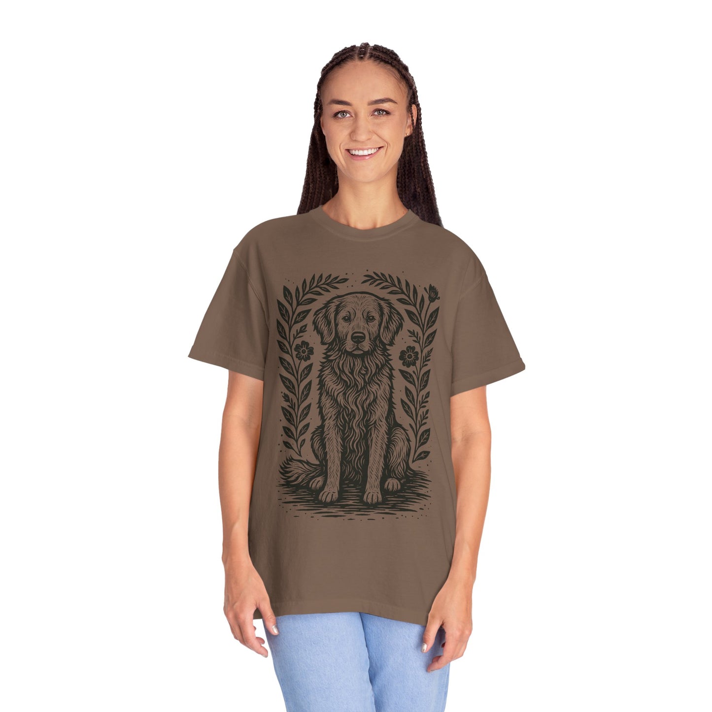 Golden Retriever Illustration T-shirt | Floral Laurel Dog Portrait Comfort Colors Dog Lovers T-shirt