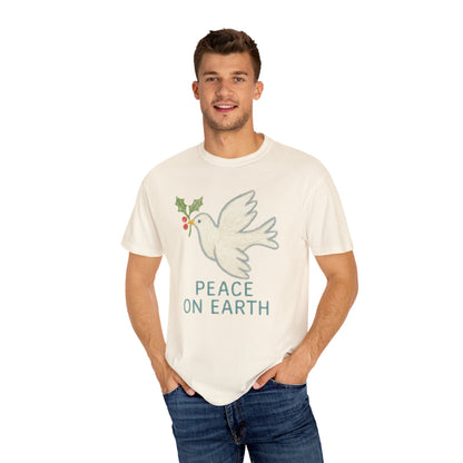 Peace on Earth Dove T-shirt | Holiday Dove with Holly Branch Comfort Colors T-Shirt