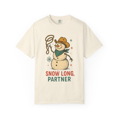 Snow Long Comfort Colors Western Snowman T-shirt - Winter Holiday Tee, Unisex Shirt, Christmas Gift, Festive Graphic Top, Seasonal Apparel