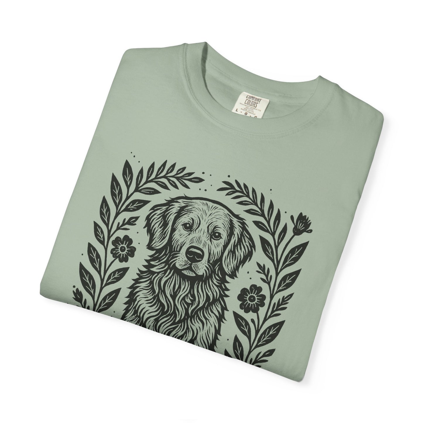 Golden Retriever Illustration T-shirt | Floral Laurel Dog Portrait Comfort Colors Dog Lovers T-shirt