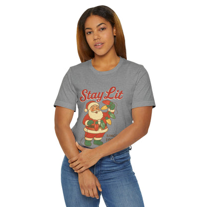 Stay Lit Vintage Santa T-Shirt, Funny Christmas Tee, Holiday Apparel, Unisex Holiday Shirt, Christmas Gift, Festive Wear