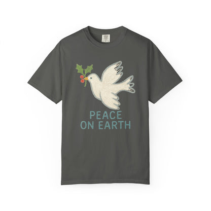 Peace on Earth Dove T-shirt | Holiday Dove with Holly Branch Comfort Colors T-Shirt