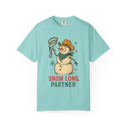 Snow Long Comfort Colors Western Snowman T-shirt - Winter Holiday Tee, Unisex Shirt, Christmas Gift, Festive Graphic Top, Seasonal Apparel