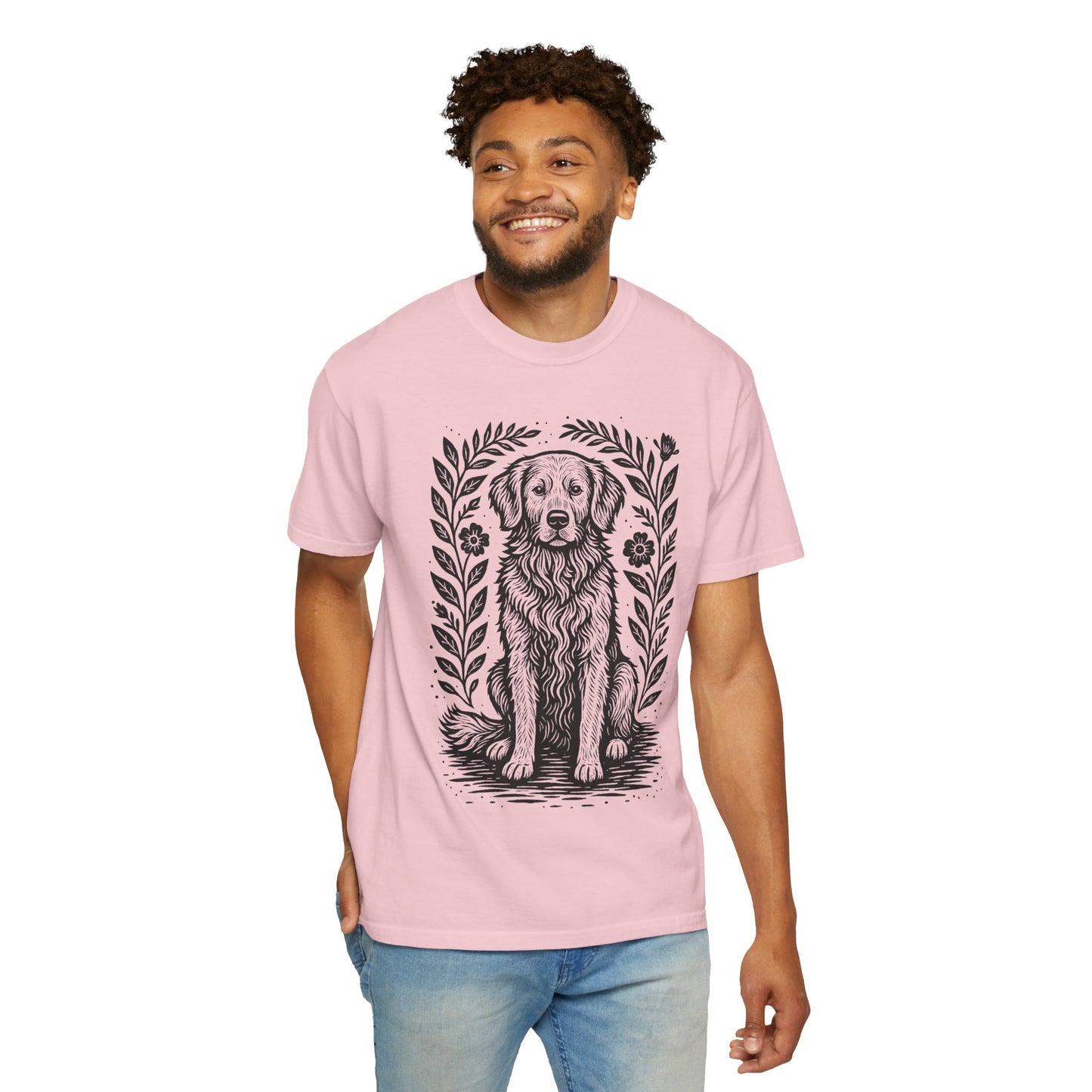 Golden Retriever Illustration T-shirt | Floral Laurel Dog Portrait Comfort Colors Dog Lovers T-shirt