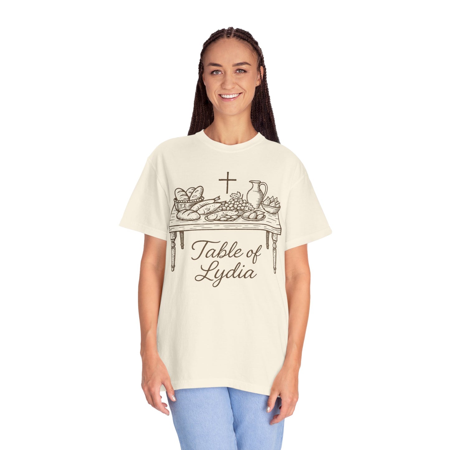 Table of Lydia Faith Comfort Colors T-Shirt, Religious Christian Tee, Unisex Garment-Dyed Shirt, Comfortable Inspirational Clothing, Soft