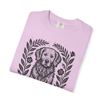 Golden Retriever Illustration T-shirt | Floral Laurel Dog Portrait Comfort Colors Dog Lovers T-shirt