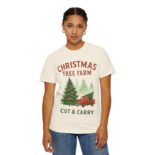 Christmas Tree Farm Cut & Carry T-Shirt | Vintage Red Truck Holiday Tee, Comfort Colors